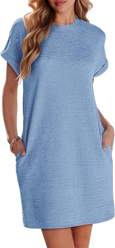 KISSMODA Womens Summer Dresses Casual Short Sleeve Beach Mini Tshirt Dress with Pockets in Kuwait