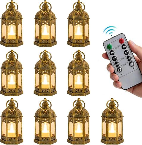 Mini Lanterns with Remote Control: 10 Pcs Gold Lantern with Timer Dimmer Table Centerpieces Decorations for Ramadan Wedding Party Camping Decor in Kuwait