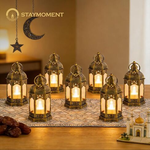 Mini Lanterns with Remote Control: 10 Pcs Gold Lantern with Timer Dimmer Table Centerpieces Decorations for Ramadan Wedding Party Camping Decor in Kuwait