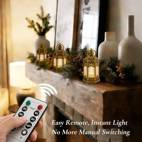 Mini Lanterns with Remote Control: 10 Pcs Gold Lantern with Timer Dimmer Table Centerpieces Decorations for Ramadan Wedding Party Camping Decor in Kuwait