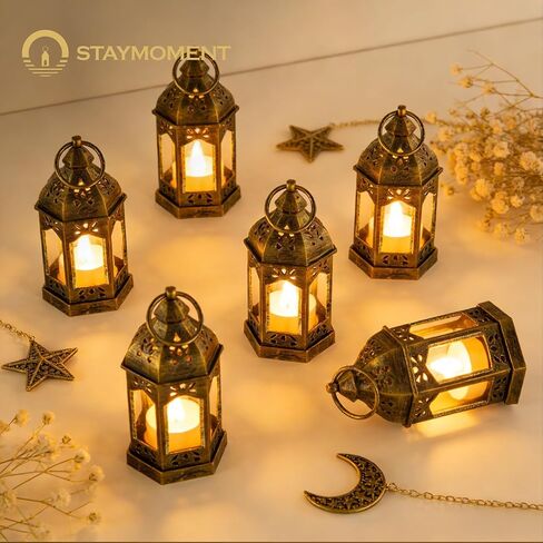 Mini Lanterns with Remote Control: 10 Pcs Gold Lantern with Timer Dimmer Table Centerpieces Decorations for Ramadan Wedding Party Camping Decor in Kuwait