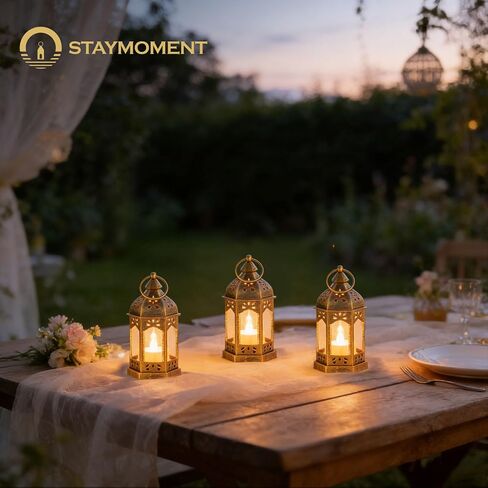 Mini Lanterns with Remote Control: 10 Pcs Gold Lantern with Timer Dimmer Table Centerpieces Decorations for Ramadan Wedding Party Camping Decor in Kuwait