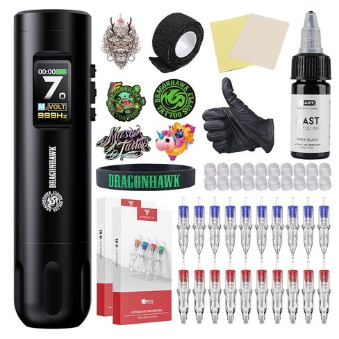 Dragonhawk X7 Wireless Tattoo Pen Kit, Rotary Tattoo Machine Gun Kit - Brushless Motor by Mcore, Smart Display Tattoo Pen 20Pcs Cartridges Needles - Fine Tattoo Kit in Kuwait