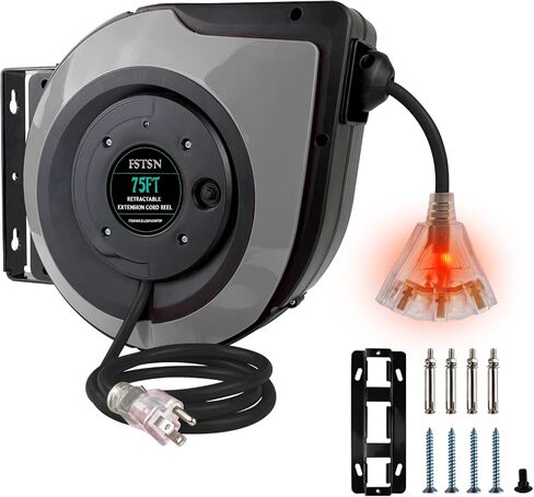 بكرة سلك تمديد قابلة للسحب، 75 قدم 14 AWG/3C SJTOW سلك طاقة عالي التحمل، 3 منافذ ثلاثية مضاءة، قاطع دائرة 10 أمبير، السقف أو التثبيت على الحائط للاستخدام الداخلي/الخارجي، أحمر in Saudi Arabia