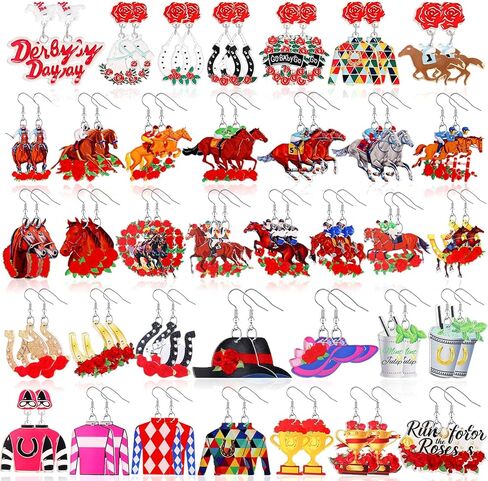 Nosiny 36 Pairs Derby Race Horse Earrings Bulk Funny Riding Horse Earrings for Women Rose Horseshoe Racing Gifts Derby Jewelry in Saudi Arabia