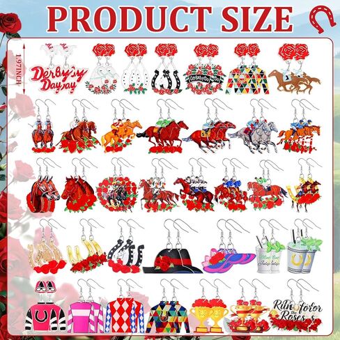 Nosiny 36 Pairs Derby Race Horse Earrings Bulk Funny Riding Horse Earrings for Women Rose Horseshoe Racing Gifts Derby Jewelry in Saudi Arabia