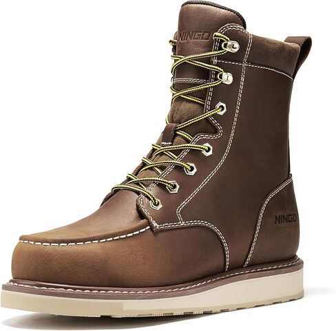 NINGO Steel Toe Work Boots for Men, 8 Inches Waterproof Moc Toe Construction Boots with Non Slip Wedge Outsole, Full-Grain Leather EH Protection Mens Safety Work Shoes, for Industrial, Welding in Kuwait