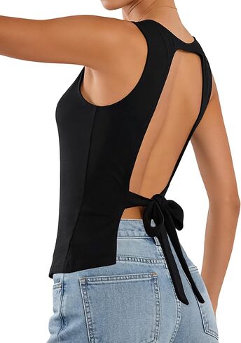 LovelyWholesale Womens Open Back Tank Tops Sexy Sleeveless Boat Neck Tie Back Tops in Saudi Arabia