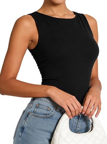LovelyWholesale Womens Open Back Tank Tops Sexy Sleeveless Boat Neck Tie Back Tops in Saudi Arabia