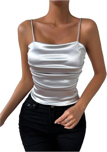 OYOANGLE Women's Pleated Silky Satin Cami Top Spaghetti Strap Sleeveless Night Out Party Top in Saudi Arabia