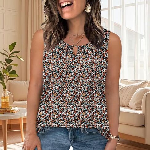 Plus-Size-Tank-Tops for Women Summer Sleeveless Keyhole Tshirts Dressy Casual Pleated Blouses in Saudi Arabia