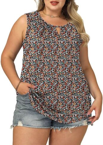 Plus-Size-Tank-Tops for Women Summer Sleeveless Keyhole Tshirts Dressy Casual Pleated Blouses in Saudi Arabia