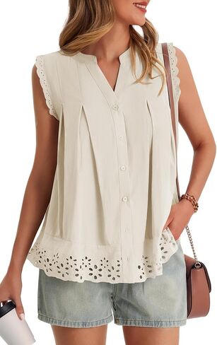 Cicy Bell Womens Summer Eyelet Tank Tops V Neck Ruffle Sleeveless Button Down Shirts Casual Cotton Loose Fit Tees in Saudi Arabia