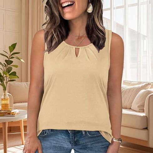 Plus-Size-Tank-Tops for Women Summer Sleeveless Keyhole Tshirts Dressy Casual Pleated Blouses in Saudi Arabia