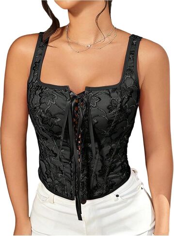 GORGLITTER Women's Floral Corset Embroidered Lace Up Square Neck Crop Tank Top in Saudi Arabia