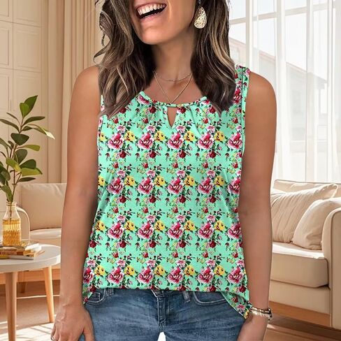 Plus-Size-Tank-Tops for Women Summer Sleeveless Keyhole Tshirts Dressy Casual Pleated Blouses in Saudi Arabia