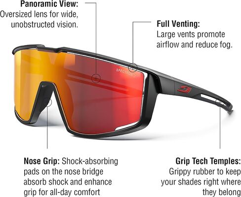 نظارات Julbo Furious Performance - إطار أسود - دخاني مع عدسات مرآة حمراء (Spectron 3) in Kuwait