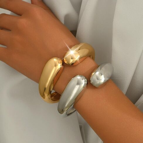 Gold Bangle Set 2PCS Silver and Gold Chunky Bracelets Non Tarnish Trendy Jewelry in Saudi Arabia
