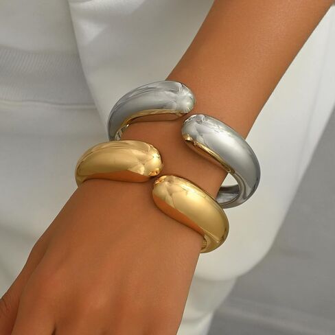 Gold Bangle Set 2PCS Silver and Gold Chunky Bracelets Non Tarnish Trendy Jewelry in Saudi Arabia