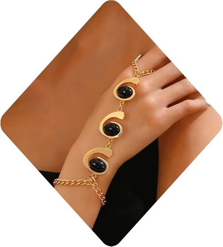 Boho Open Bracelet Ring Set for Women Black and Gold Jewelry Set Oval Cuff Bracelet Adjustable Ring Vintage Jewelry in Saudi Arabia