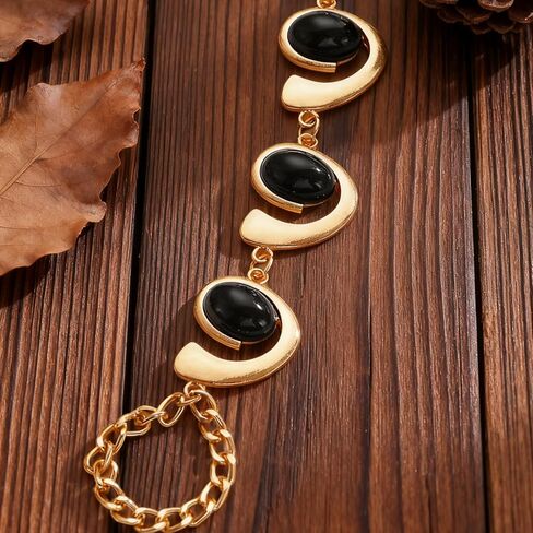 Boho Open Bracelet Ring Set for Women Black and Gold Jewelry Set Oval Cuff Bracelet Adjustable Ring Vintage Jewelry in Saudi Arabia