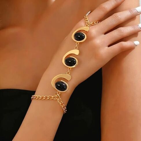 Boho Open Bracelet Ring Set for Women Black and Gold Jewelry Set Oval Cuff Bracelet Adjustable Ring Vintage Jewelry in Saudi Arabia