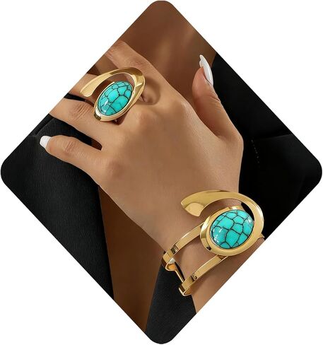 مجموعة خواتم بوهو مفتوحة للنساء باللونين الأسود والذهبي، سوار بيضاوي قابل للتعديل، مجوهرات عتيقة in Kuwait