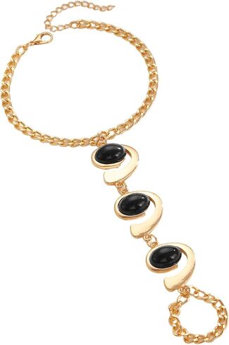 Boho Open Bracelet Ring Set for Women Black and Gold Jewelry Set Oval Cuff Bracelet Adjustable Ring Vintage Jewelry in Saudi Arabia
