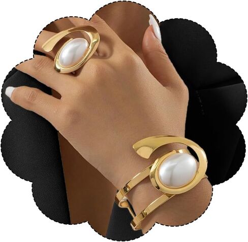 Boho Open Bracelet Ring Set for Women Black and Gold Jewelry Set Oval Cuff Bracelet Adjustable Ring Vintage Jewelry in Saudi Arabia
