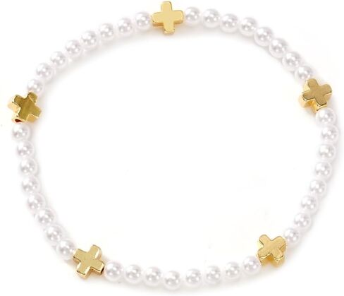 Gold Cross Pearl Beads Bracelet Stack for Women,Dainty White Stackable Bracelets Charm Handmade Fashion Jewelry Gifts in Kuwait