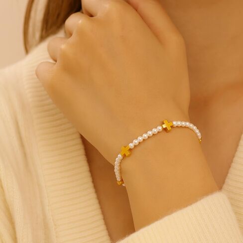 Gold Cross Pearl Beads Bracelet Stack for Women,Dainty White Stackable Bracelets Charm Handmade Fashion Jewelry Gifts in Kuwait