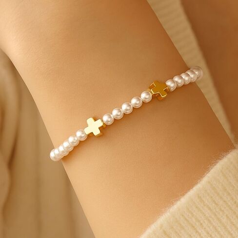 Gold Cross Pearl Beads Bracelet Stack for Women,Dainty White Stackable Bracelets Charm Handmade Fashion Jewelry Gifts in Kuwait