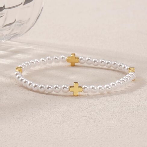 Gold Cross Pearl Beads Bracelet Stack for Women,Dainty White Stackable Bracelets Charm Handmade Fashion Jewelry Gifts in Kuwait