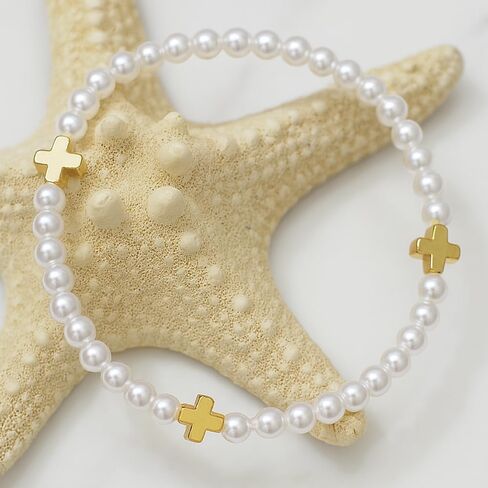 Gold Cross Pearl Beads Bracelet Stack for Women,Dainty White Stackable Bracelets Charm Handmade Fashion Jewelry Gifts in Kuwait
