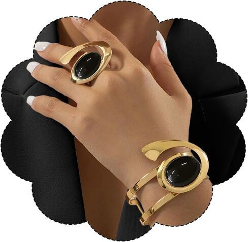 Boho Open Bracelet Ring Set for Women Black and Gold Jewelry Set Oval Cuff Bracelet Adjustable Ring Vintage Jewelry in Saudi Arabia