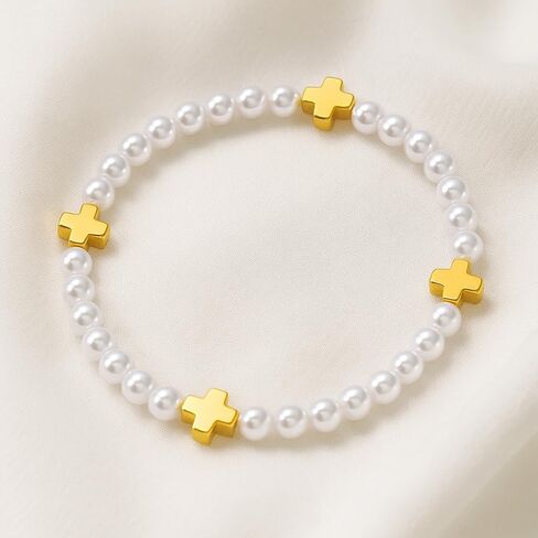 Gold Cross Pearl Beads Bracelet Stack for Women,Dainty White Stackable Bracelets Charm Handmade Fashion Jewelry Gifts in Kuwait