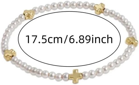 Gold Cross Pearl Beads Bracelet Stack for Women,Dainty White Stackable Bracelets Charm Handmade Fashion Jewelry Gifts in Kuwait
