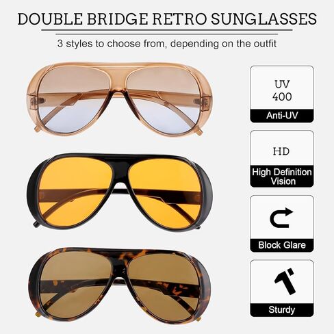 JATEBI 3 Pcs Retro Oversized Aviator Sunglasses for Women Men 70s Trendy Thick Sun Glasses UV400 in Kuwait