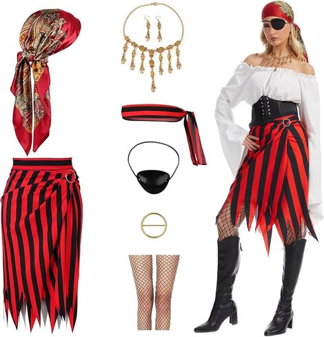 Womens Pirate Costume Set,Pirate Skirt Women Adults Accessories with Head Scarf Eye Patch Skeleton Necklace in Kuwait