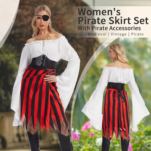 Womens Pirate Costume Set,Pirate Skirt Women Adults Accessories with Head Scarf Eye Patch Skeleton Necklace in Kuwait