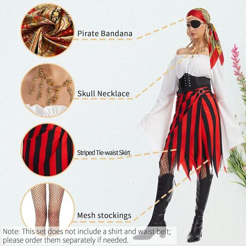 Womens Pirate Costume Set,Pirate Skirt Women Adults Accessories with Head Scarf Eye Patch Skeleton Necklace in Kuwait