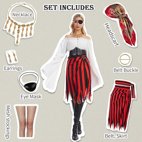 Womens Pirate Costume Set,Pirate Skirt Women Adults Accessories with Head Scarf Eye Patch Skeleton Necklace in Kuwait