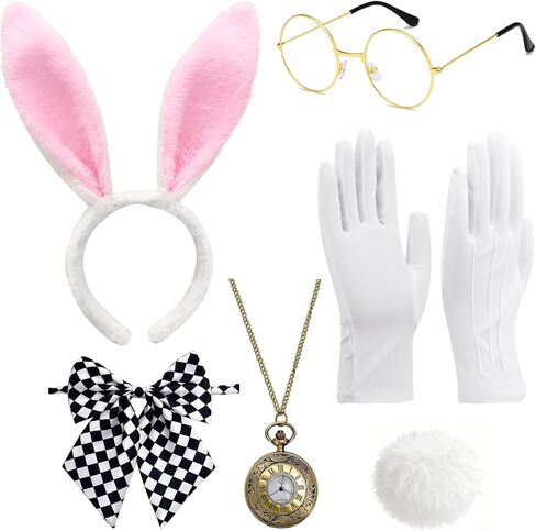 QLINLEAF White Rabbit Costume Accessories for Adult 6 PCS Bunny Ears Headband and Tail Bow Tie Clock Necklace Glasses Gloves Easter Halloween Party Dress Up in Kuwait
