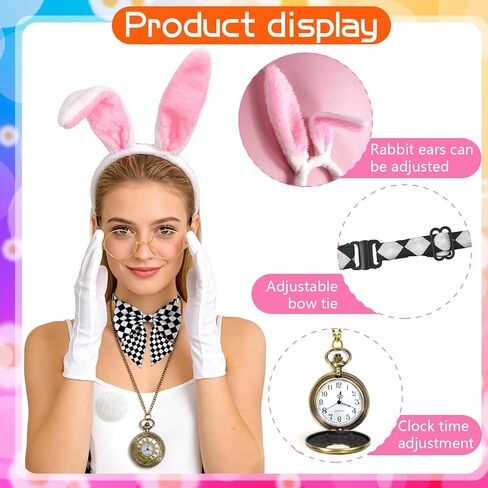 QLINLEAF White Rabbit Costume Accessories for Adult 6 PCS Bunny Ears Headband and Tail Bow Tie Clock Necklace Glasses Gloves Easter Halloween Party Dress Up in Kuwait
