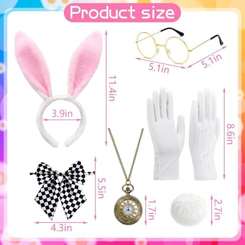 QLINLEAF White Rabbit Costume Accessories for Adult 6 PCS Bunny Ears Headband and Tail Bow Tie Clock Necklace Glasses Gloves Easter Halloween Party Dress Up in Kuwait