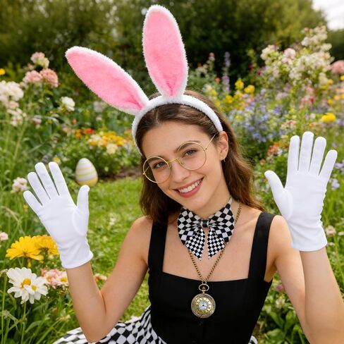 QLINLEAF White Rabbit Costume Accessories for Adult 6 PCS Bunny Ears Headband and Tail Bow Tie Clock Necklace Glasses Gloves Easter Halloween Party Dress Up in Kuwait