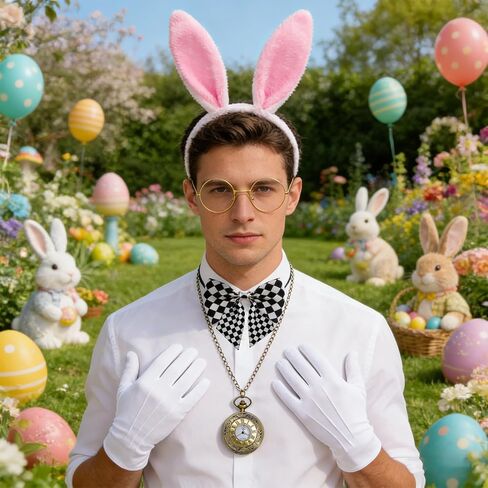 QLINLEAF White Rabbit Costume Accessories for Adult 6 PCS Bunny Ears Headband and Tail Bow Tie Clock Necklace Glasses Gloves Easter Halloween Party Dress Up in Kuwait