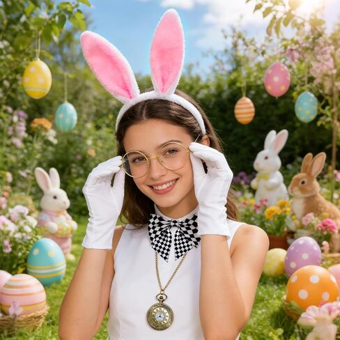 QLINLEAF White Rabbit Costume Accessories for Adult 6 PCS Bunny Ears Headband and Tail Bow Tie Clock Necklace Glasses Gloves Easter Halloween Party Dress Up in Kuwait