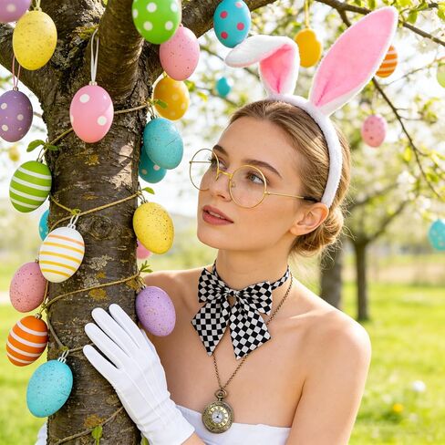 QLINLEAF White Rabbit Costume Accessories for Adult 6 PCS Bunny Ears Headband and Tail Bow Tie Clock Necklace Glasses Gloves Easter Halloween Party Dress Up in Kuwait