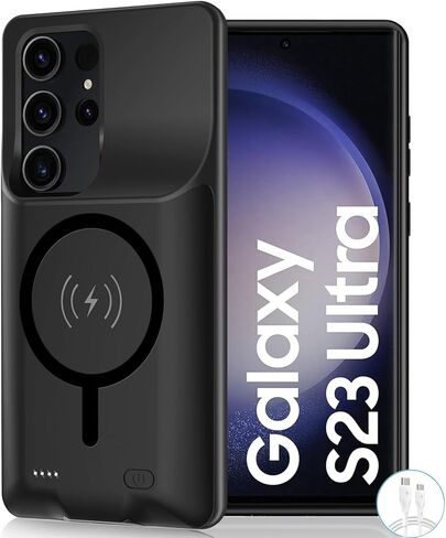 حافظة بطارية لهاتف Galaxy S24 Ultra، قوية 12000 مللي أمبير في الساعة وغطاء شحن وقائي محمول ممتد متوافق مع حافظة شاحن لاسلكي Galaxy S24 Ultra مع واقي شاشة 1x وكابل 1x - أسود in Kuwait